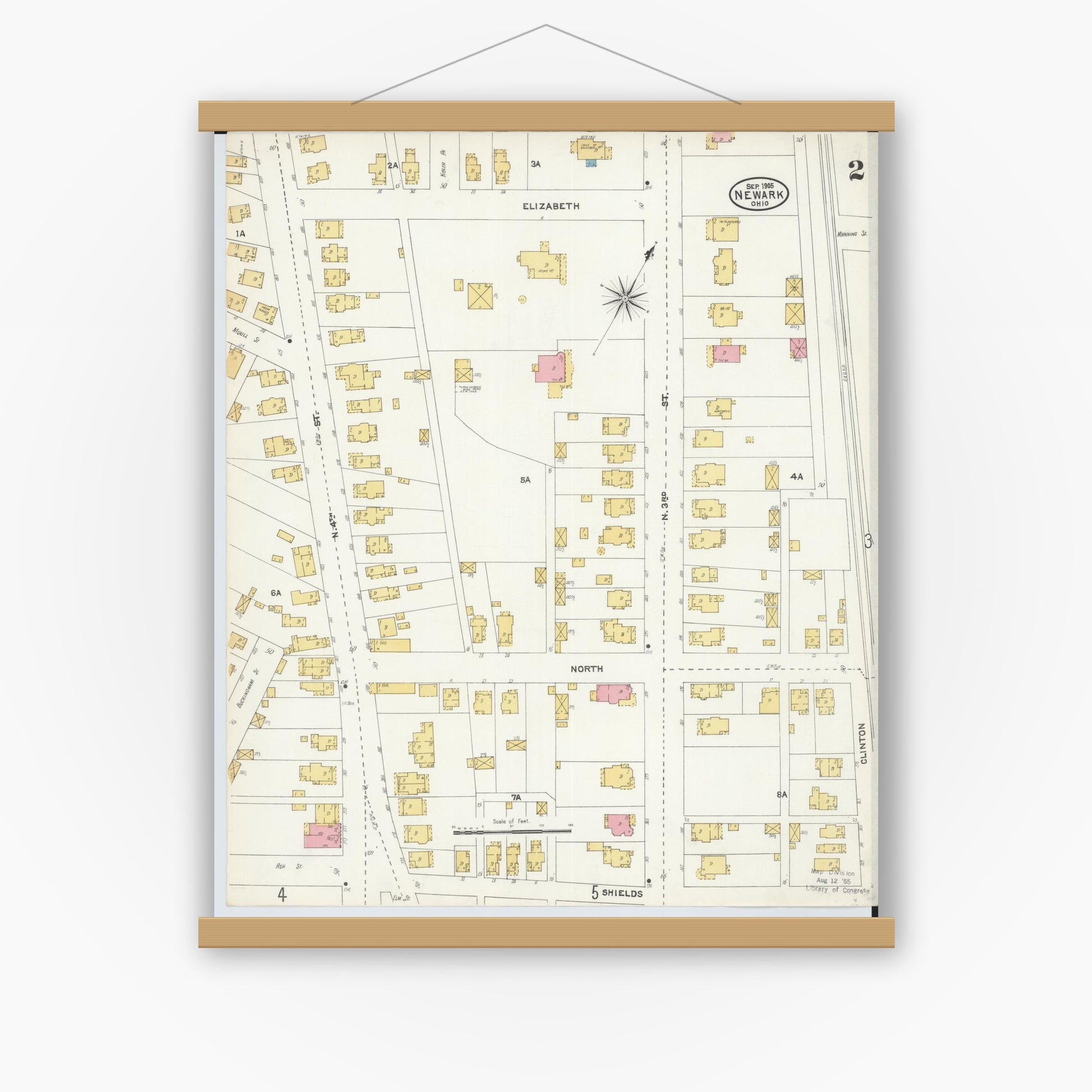 Old map wall art mockup — magnetic wood frame on white wall — Sanborn Fire Insurance Map from Newark, Licking County, Ohio (1905), Sheet #0002