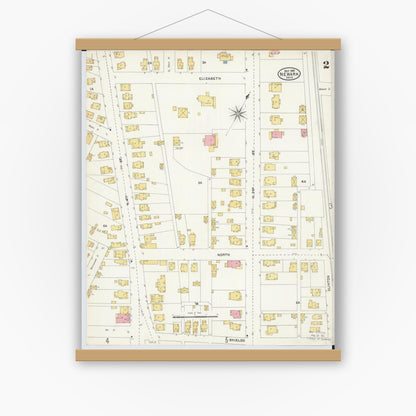 Old map wall art mockup — magnetic wood frame on white wall — Sanborn Fire Insurance Map from Newark, Licking County, Ohio (1905), Sheet #0002