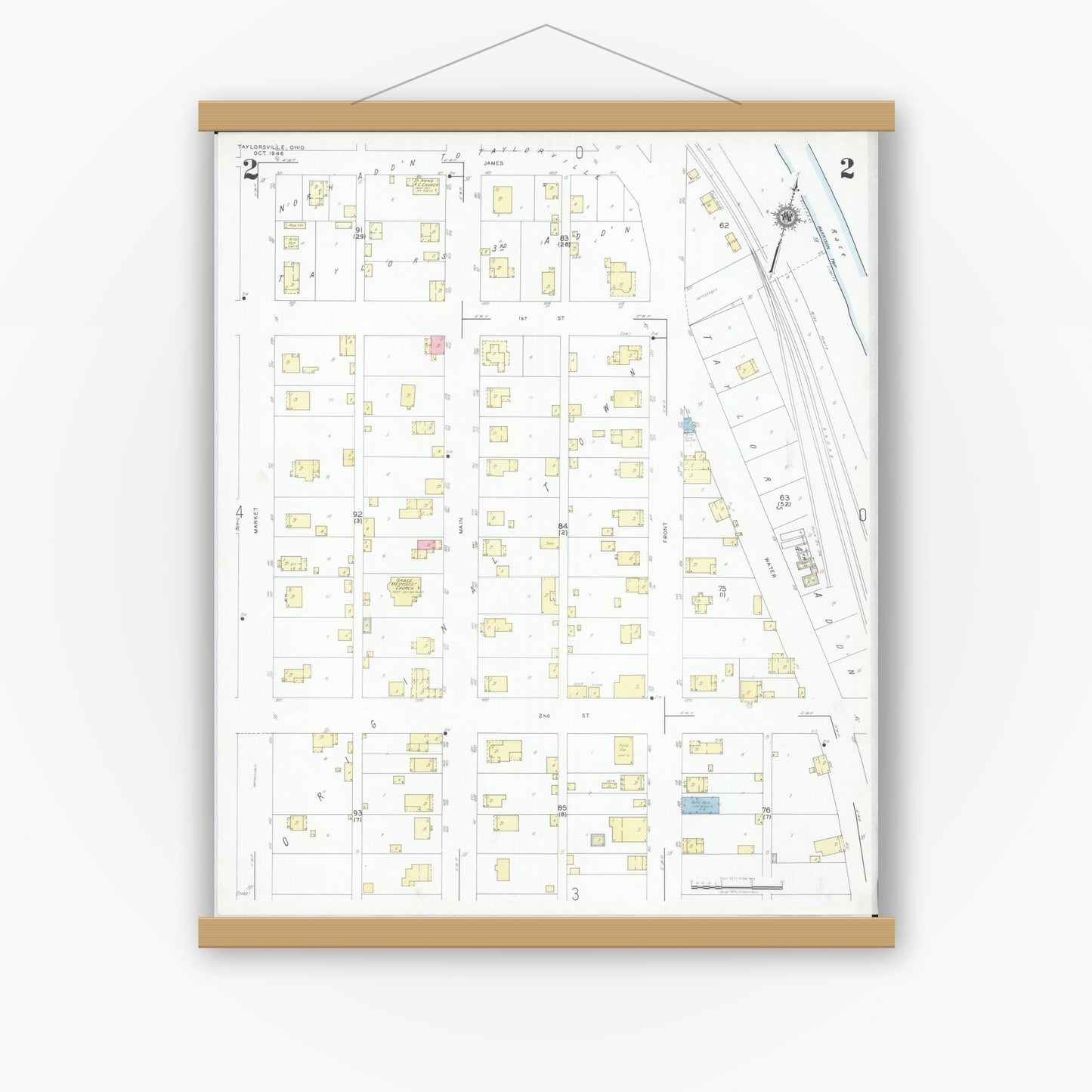 Old map wall art mockup — magnetic wood frame on white wall — Sanborn Fire Insurance Map from Taylorsville, Muskingum County, Ohio (1946), Sheet #0002