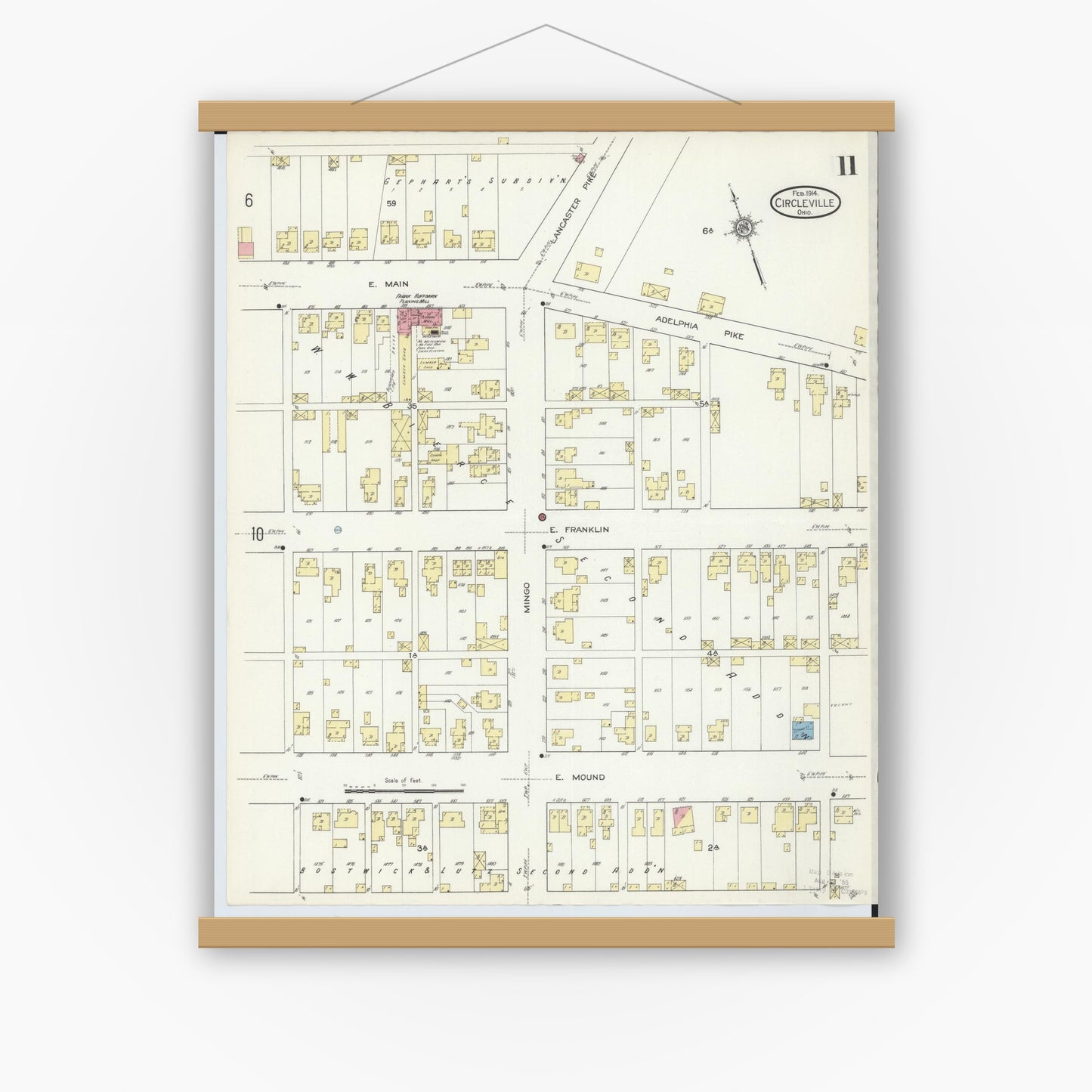 Old map wall art mockup — magnetic wood frame on white wall — Sanborn Fire Insurance Map from Circleville, Pickaway County, Ohio (1914), Sheet #0011