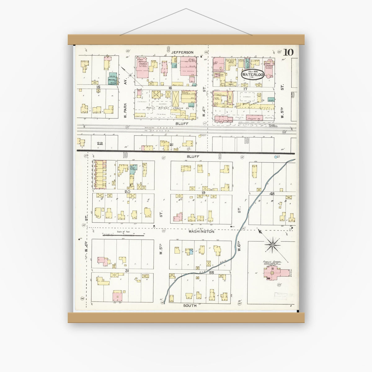 Old map wall art mockup — magnetic wood frame on white wall — Sanborn Fire Insurance Map from Waterloo, Black Hawk County, Iowa (1892), Sheet #0010