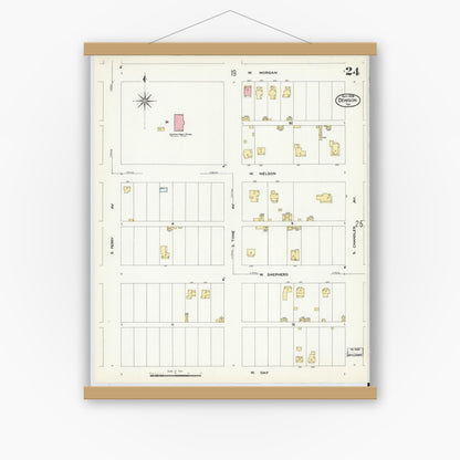 Old map wall art mockup — magnetic wood frame on white wall — Sanborn Fire Insurance Map from Denison, Grayson County, Texas (1908), Sheet #0024