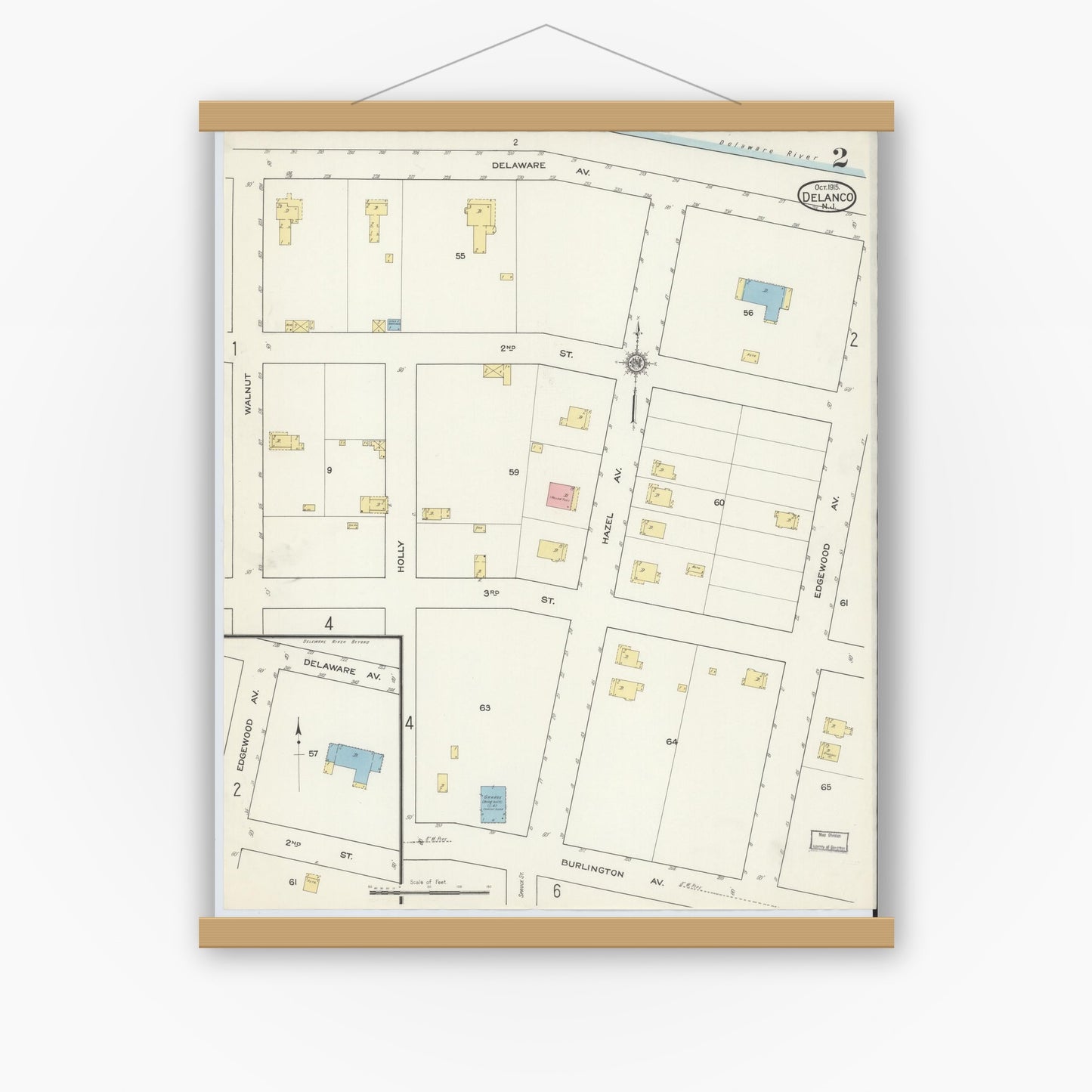 Old map wall art mockup — magnetic wood frame on white wall — Sanborn Fire Insurance Map from Delanco, Burlington County, New Jersey (1915), Sheet #0002
