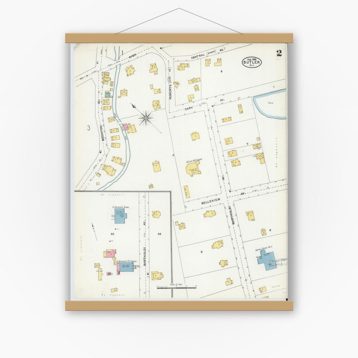 Old map wall art mockup — magnetic wood frame on white wall — Sanborn Fire Insurance Map from Butler, Morris County, New Jersey (1905), Sheet #0002