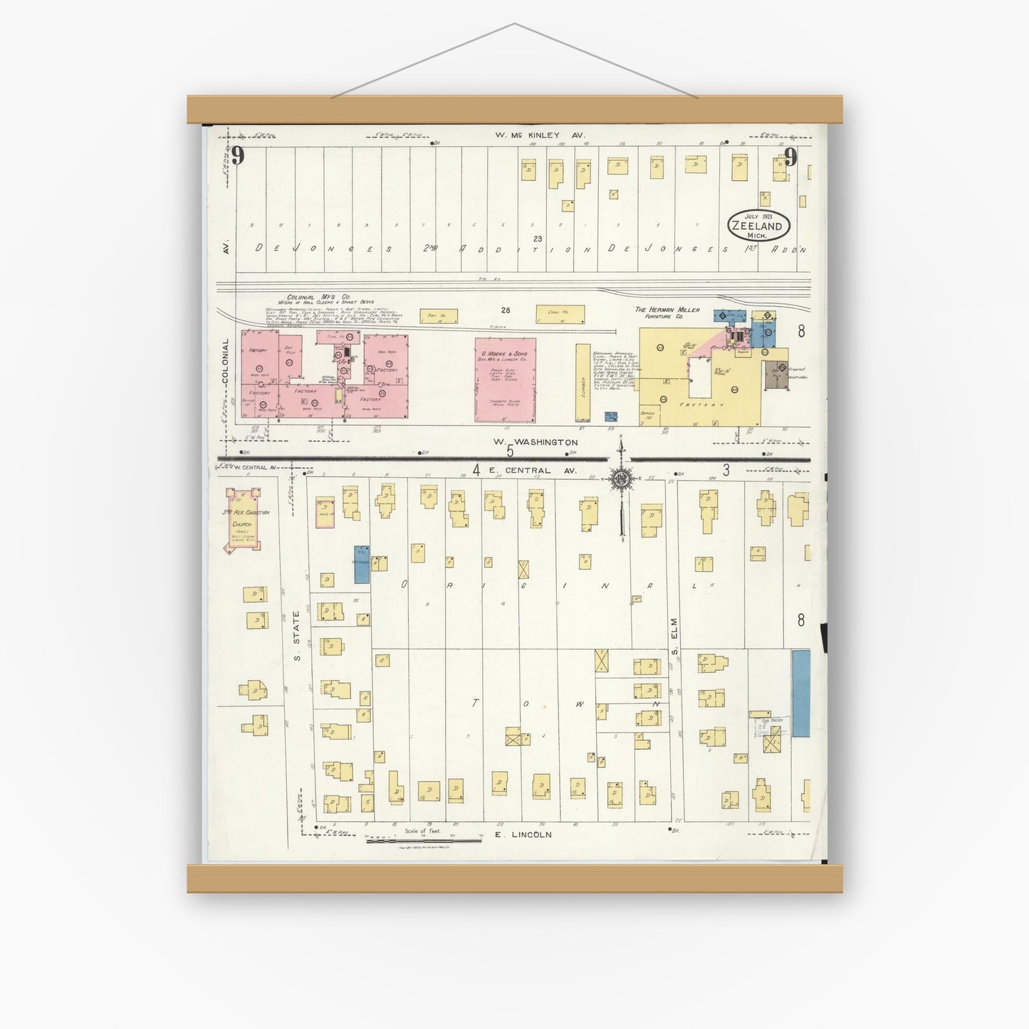 Old map wall art mockup — magnetic wood frame on white wall — Sanborn Fire Insurance Map from Zeeland, Ottawa County, Michigan (1923), Sheet #0009