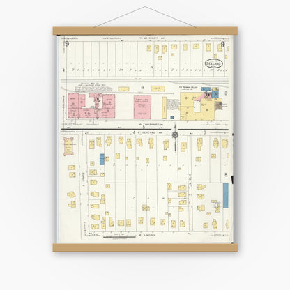 Old map wall art mockup — magnetic wood frame on white wall — Sanborn Fire Insurance Map from Zeeland, Ottawa County, Michigan (1923), Sheet #0009