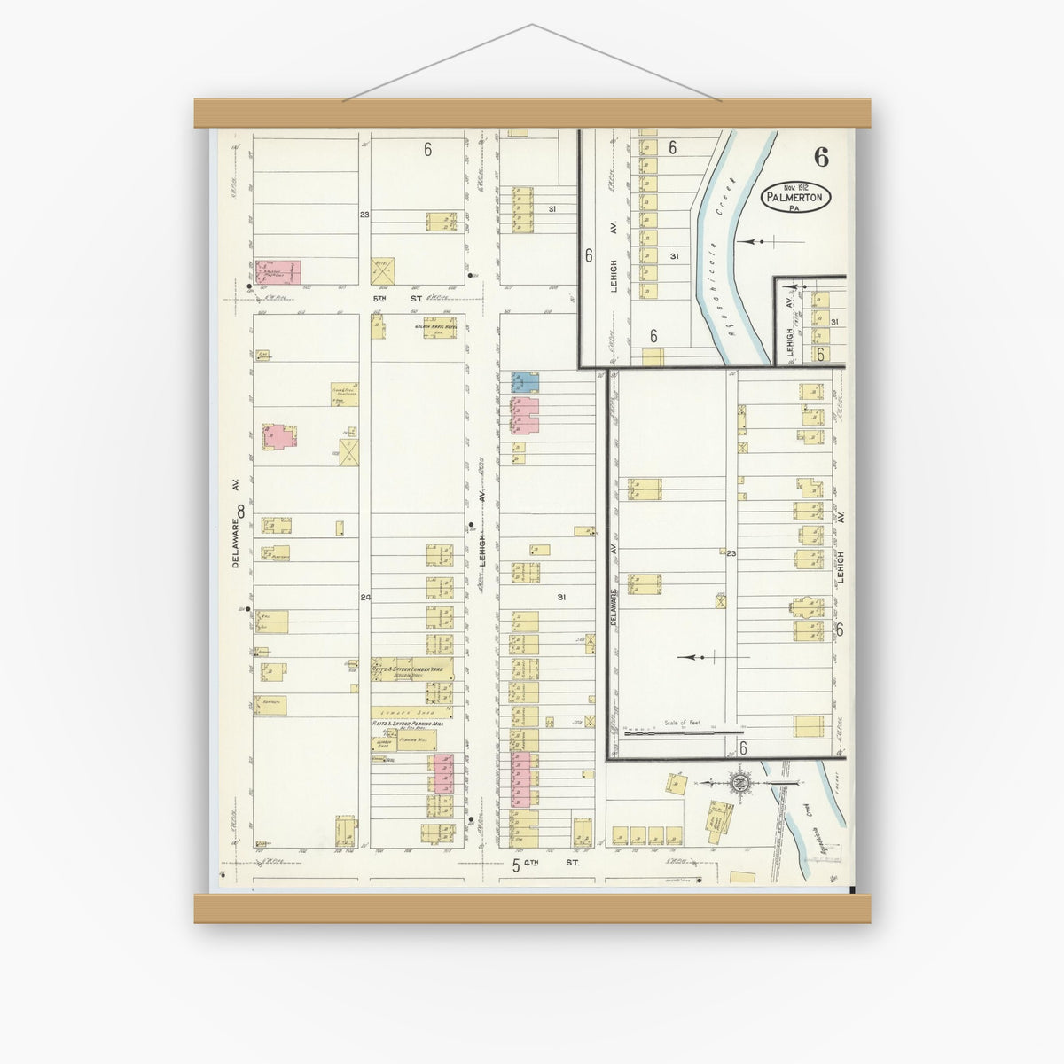 Old map wall art mockup — magnetic wood frame on white wall — Sanborn Fire Insurance Map from Palmerton, Carbon County, Pennsylvania (1912), Sheet #0006