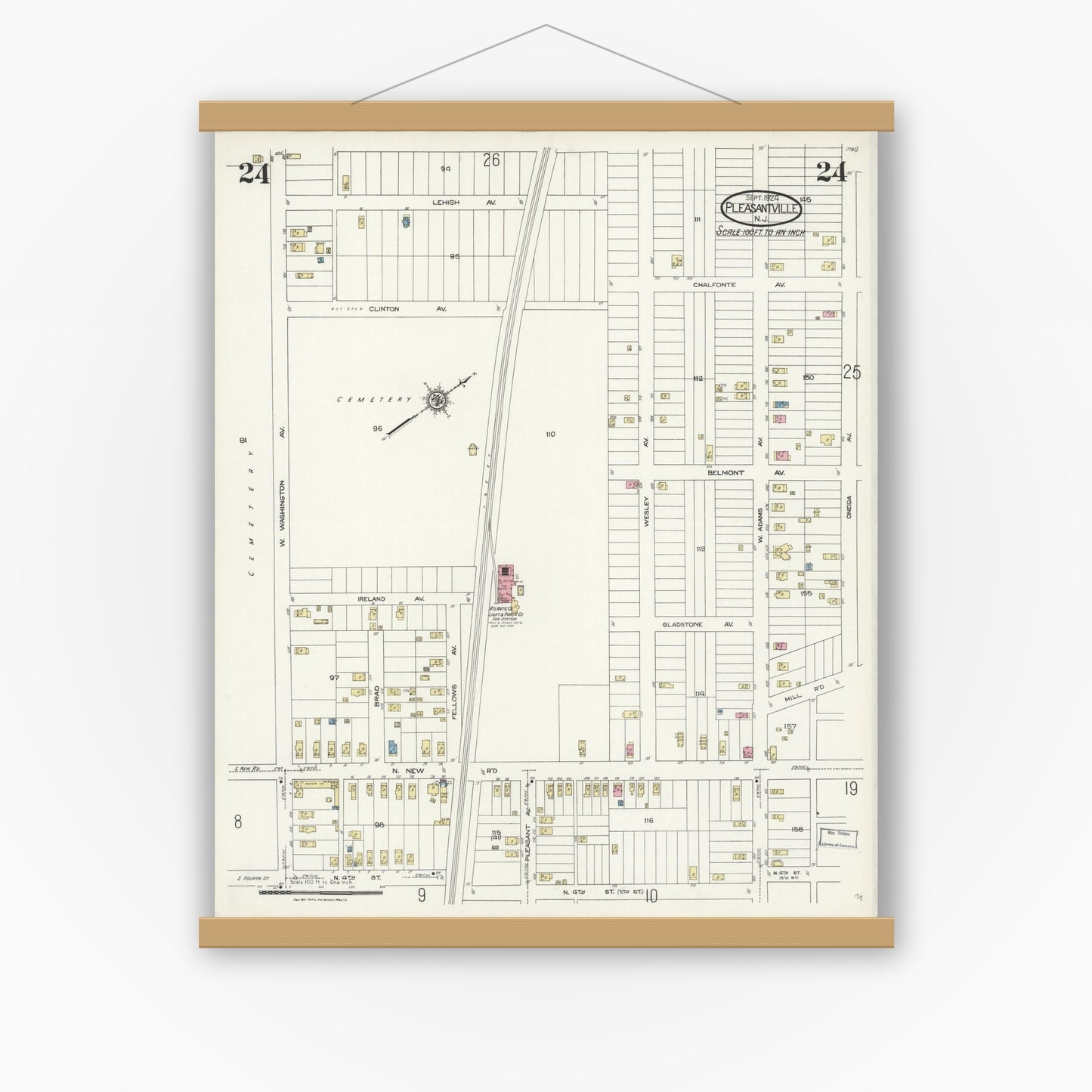Old map wall art mockup — magnetic wood frame on white wall — Sanborn Fire Insurance Map from Pleasantville, Atlantic County, New Jersey (1924), Sheet #0024