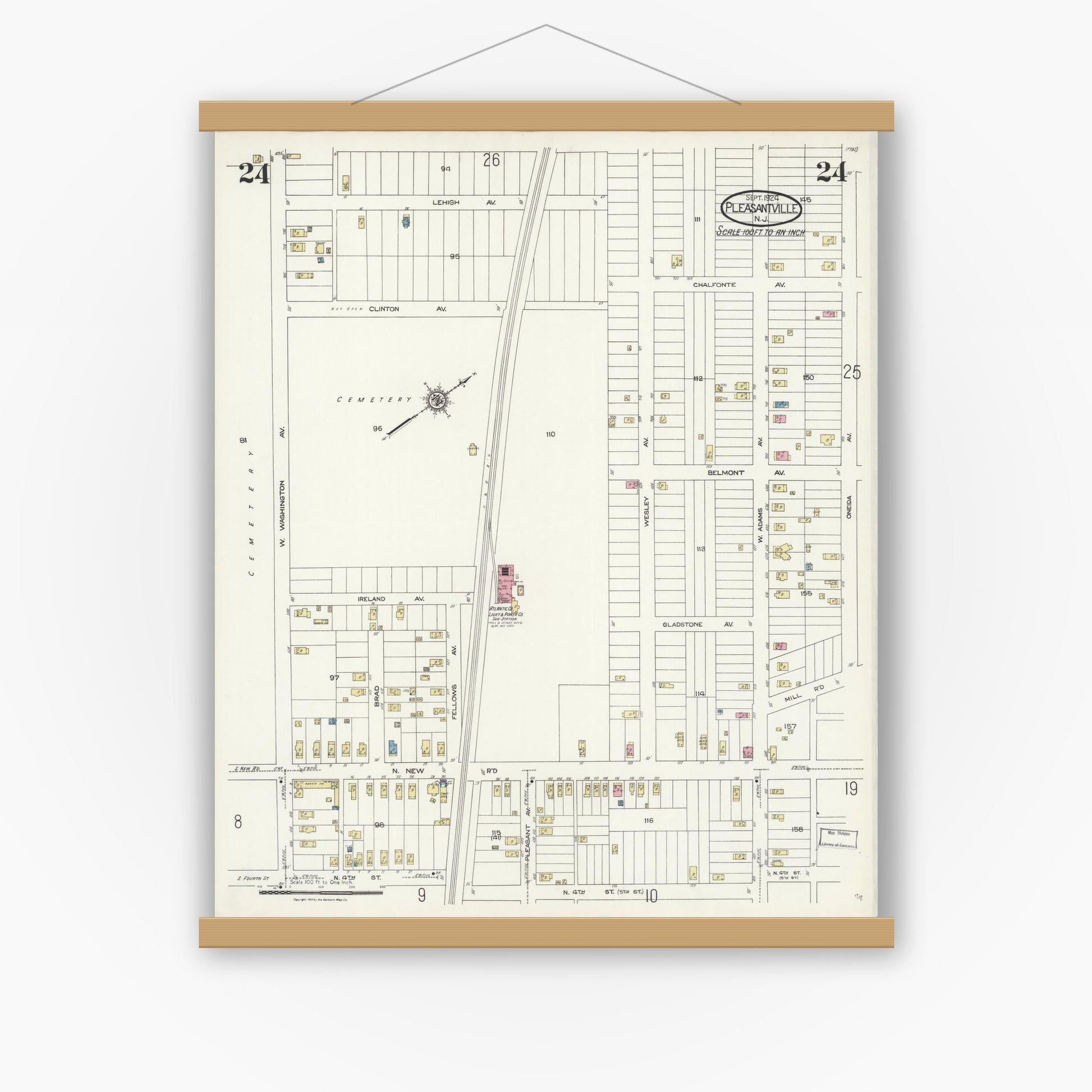 Old map wall art mockup — magnetic wood frame on white wall — Sanborn Fire Insurance Map from Pleasantville, Atlantic County, New Jersey (1924), Sheet #0024