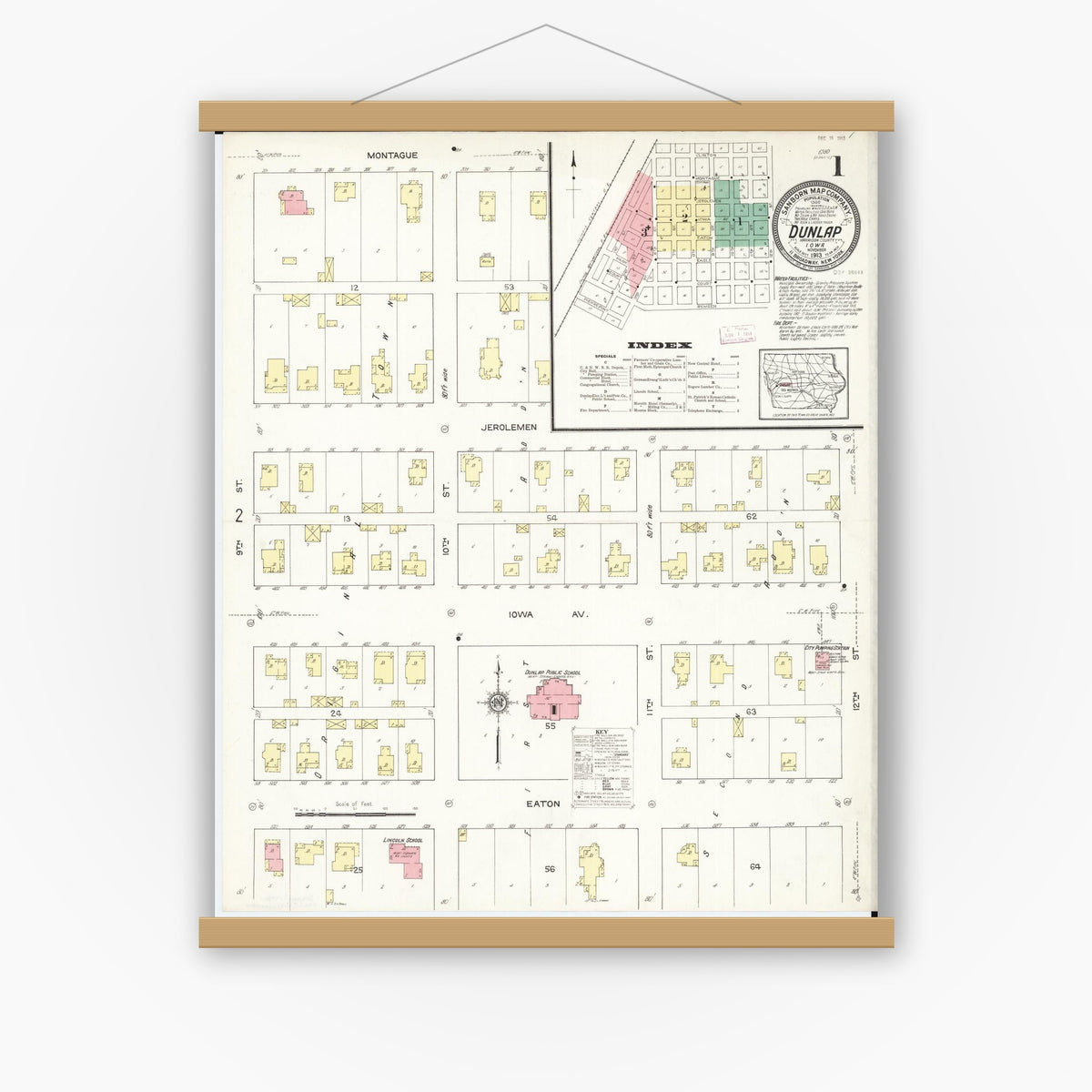 Old map wall art mockup — magnetic wood frame on white wall — Sanborn Fire Insurance Map from Dunlap, Harrison County, Iowa (1913) â€” Complete Set