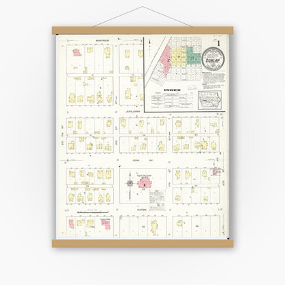 Old map wall art mockup — magnetic wood frame on white wall — Sanborn Fire Insurance Map from Dunlap, Harrison County, Iowa (1913) â€” Complete Set