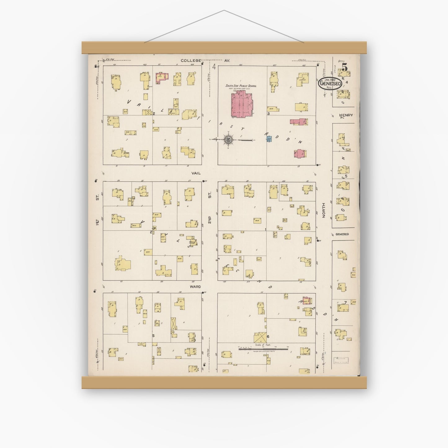 Old map wall art mockup — magnetic wood frame on white wall — Sanborn Fire Insurance Map from Geneseo, Henry County, Illinois (1922), Sheet #0005