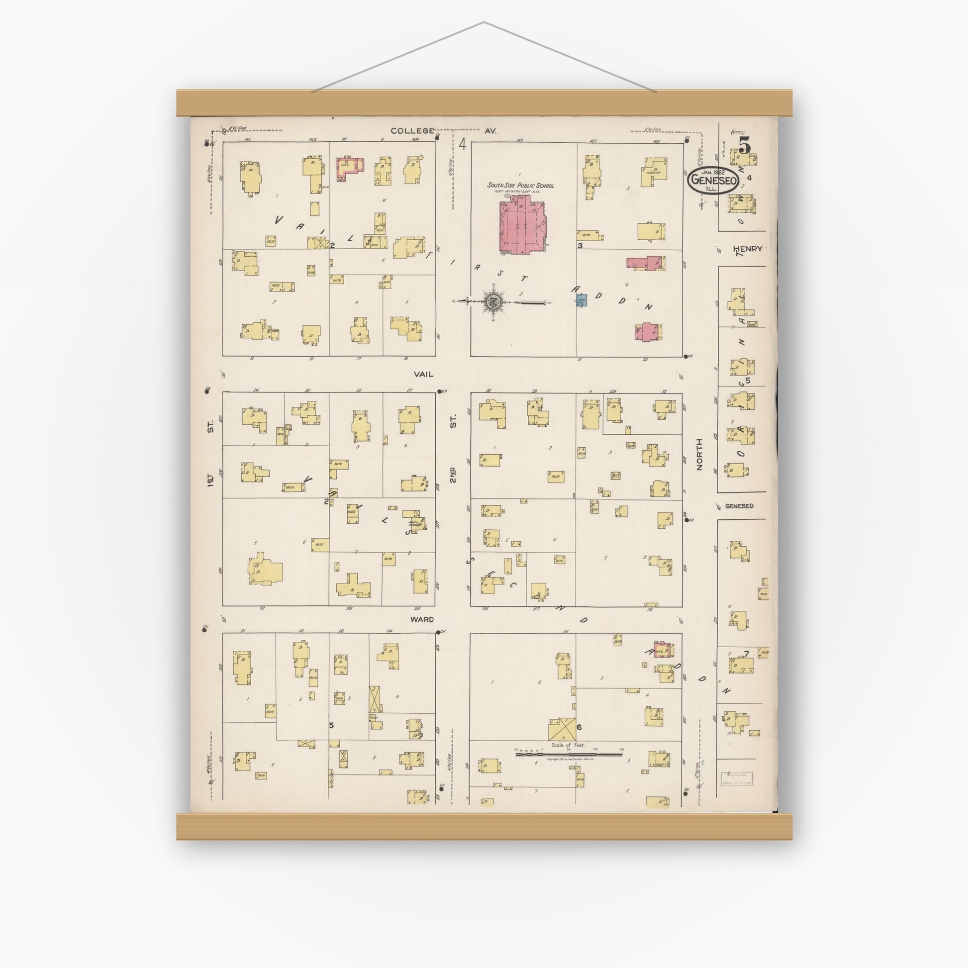 Old map wall art mockup — magnetic wood frame on white wall — Sanborn Fire Insurance Map from Geneseo, Henry County, Illinois (1922), Sheet #0005