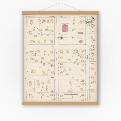 Old map wall art mockup — magnetic wood frame on white wall — Sanborn Fire Insurance Map from Geneseo, Henry County, Illinois (1922), Sheet #0005