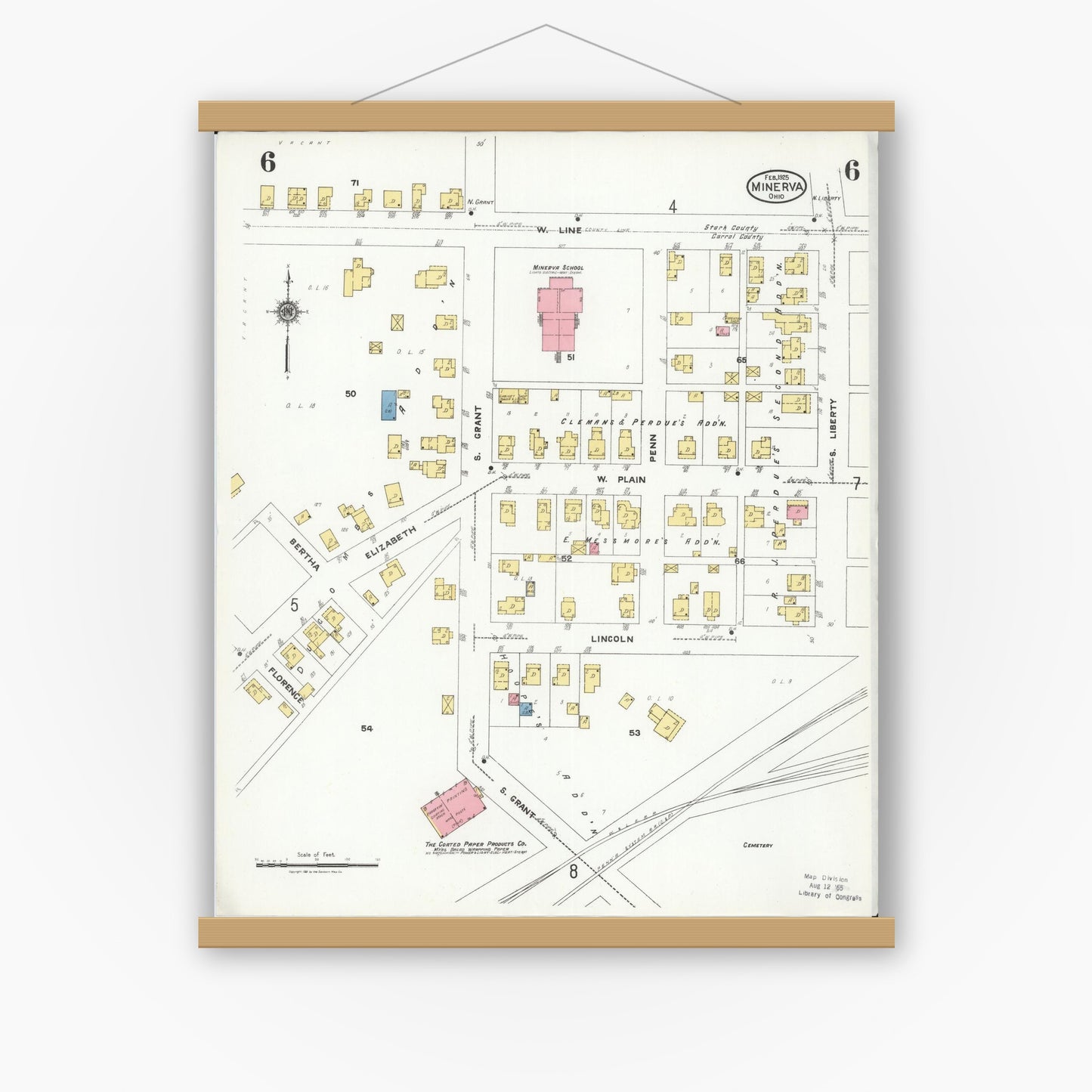 Old map wall art mockup — magnetic wood frame on white wall — Sanborn Fire Insurance Map from Minerva, Stark And Carroll Counties, Ohio (1925), Sheet #0006