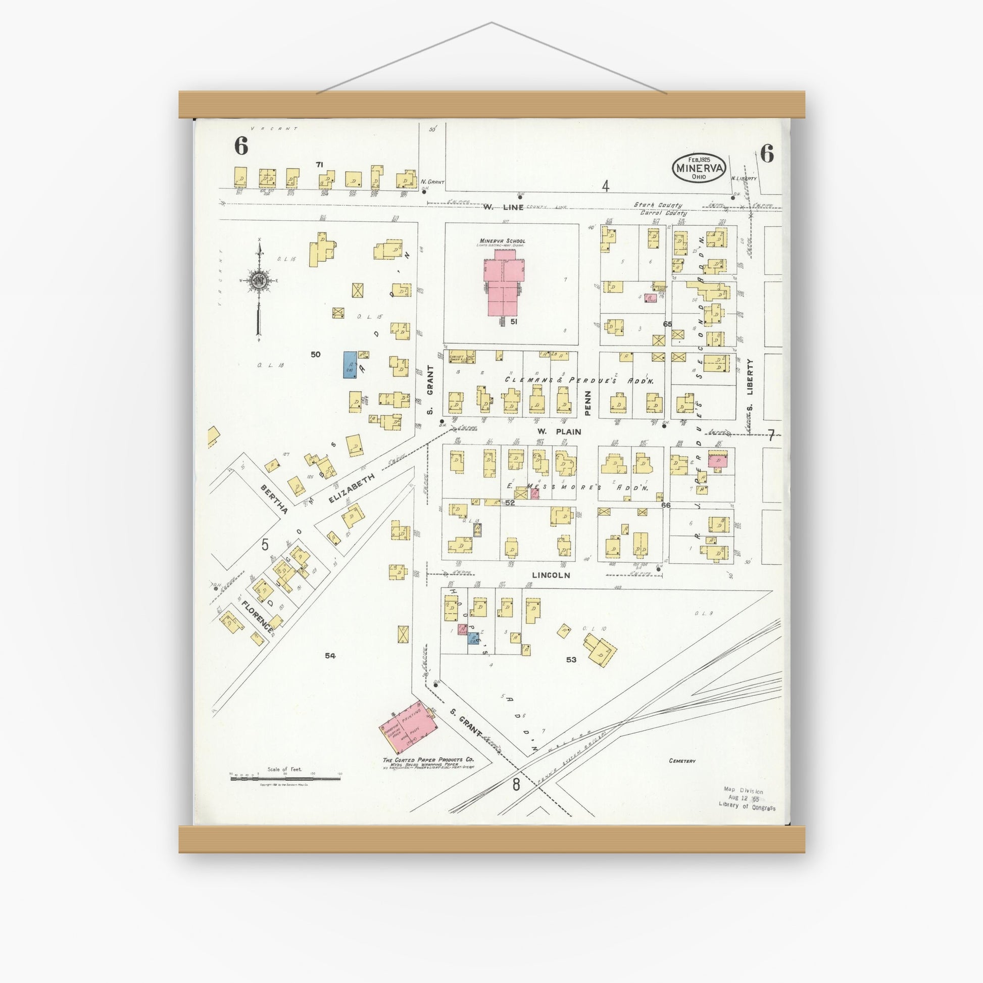 Old map wall art mockup — magnetic wood frame on white wall — Sanborn Fire Insurance Map from Minerva, Stark And Carroll Counties, Ohio (1925), Sheet #0006