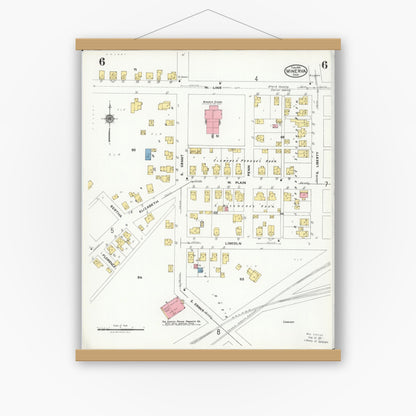 Old map wall art mockup — magnetic wood frame on white wall — Sanborn Fire Insurance Map from Minerva, Stark And Carroll Counties, Ohio (1925), Sheet #0006