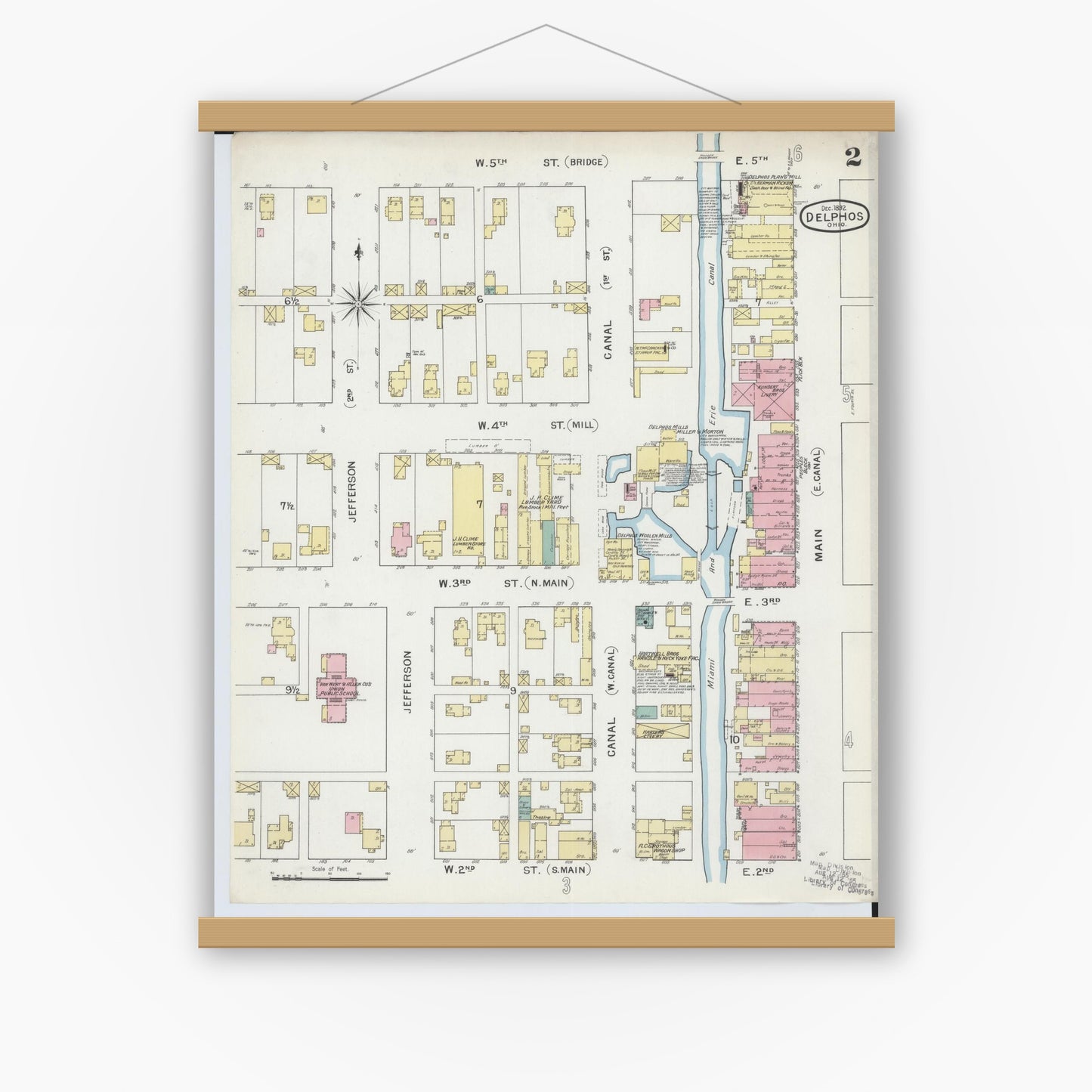 Old map wall art mockup — magnetic wood frame on white wall — Sanborn Fire Insurance Map from Delphos, Van Wert And Allen Counties, Ohio (1892), Sheet #0002
