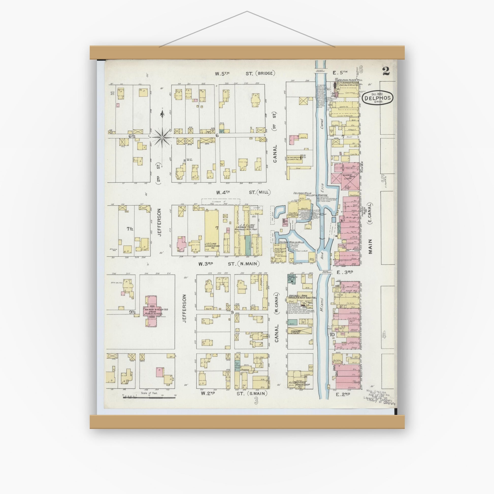 Old map wall art mockup — magnetic wood frame on white wall — Sanborn Fire Insurance Map from Delphos, Van Wert And Allen Counties, Ohio (1892), Sheet #0002