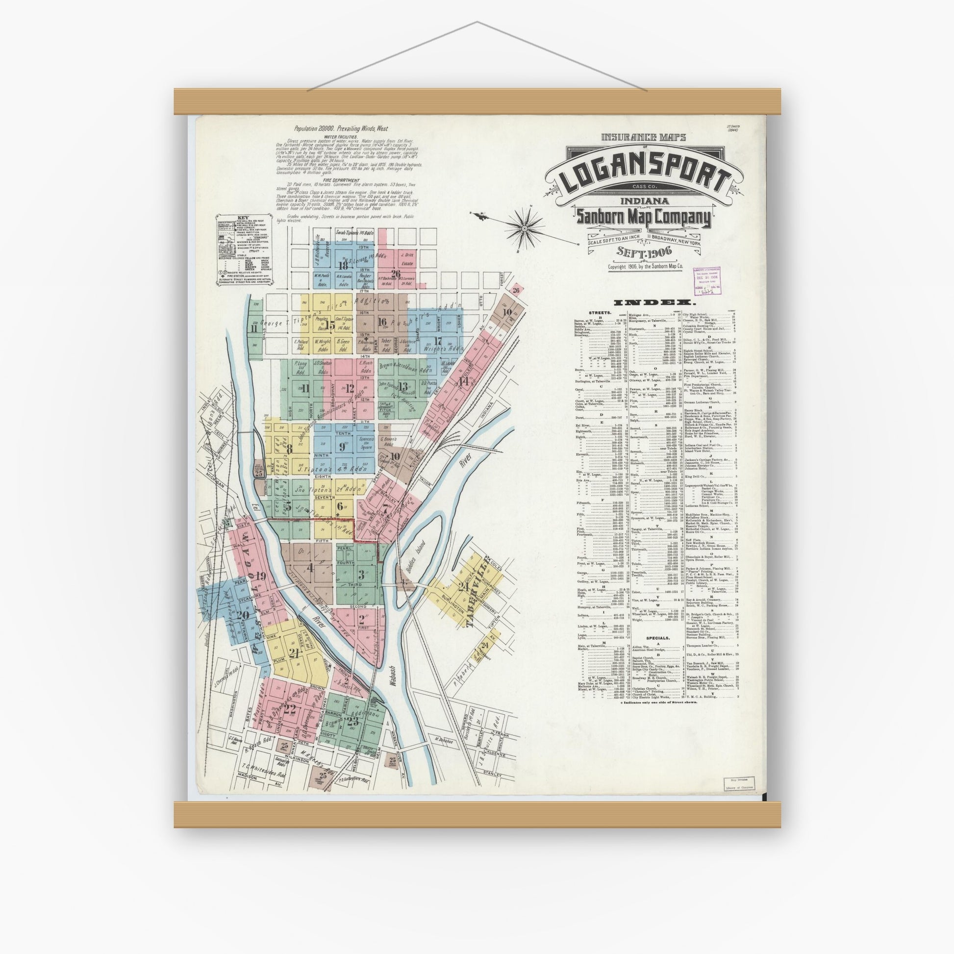 Old map wall art mockup — magnetic wood frame on white wall — Sanborn Fire Insurance Map from Logansport, Cass County, Indiana (1906), Sheet #0001