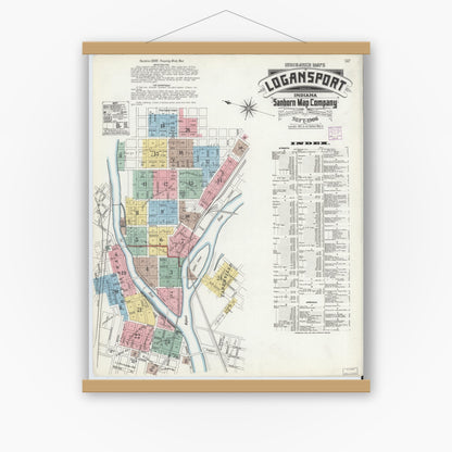 Old map wall art mockup — magnetic wood frame on white wall — Sanborn Fire Insurance Map from Logansport, Cass County, Indiana (1906), Sheet #0001