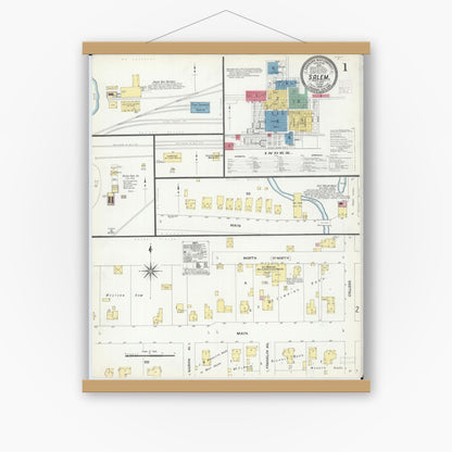 Old map wall art mockup — magnetic wood frame on white wall — Sanborn Fire Insurance Map from Salem, Marion County, Illinois (1908) - Complete Map Set