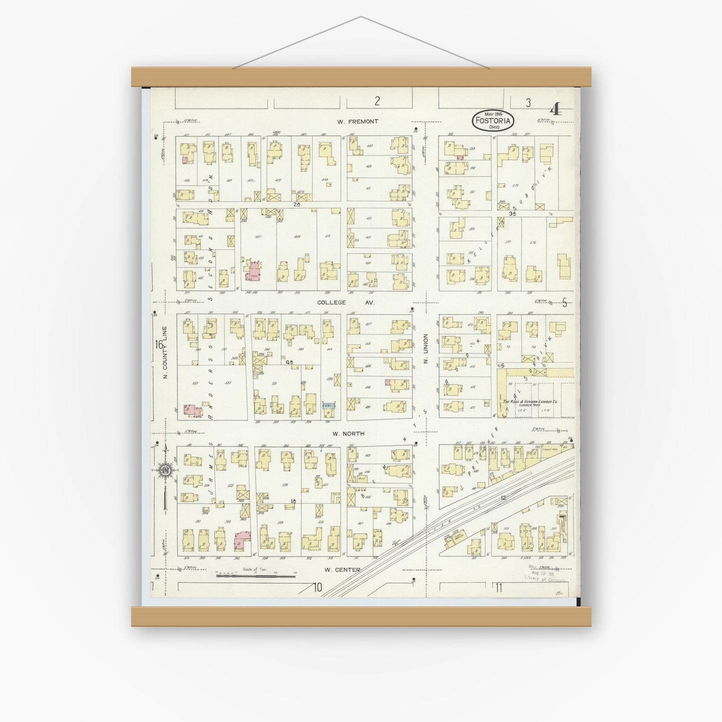 Old map wall art mockup — magnetic wood frame on white wall — Sanborn Fire Insurance Map from Fostoria, Seneca, Hancock, And Wood Counties, Ohio (1914), Sheet #0004