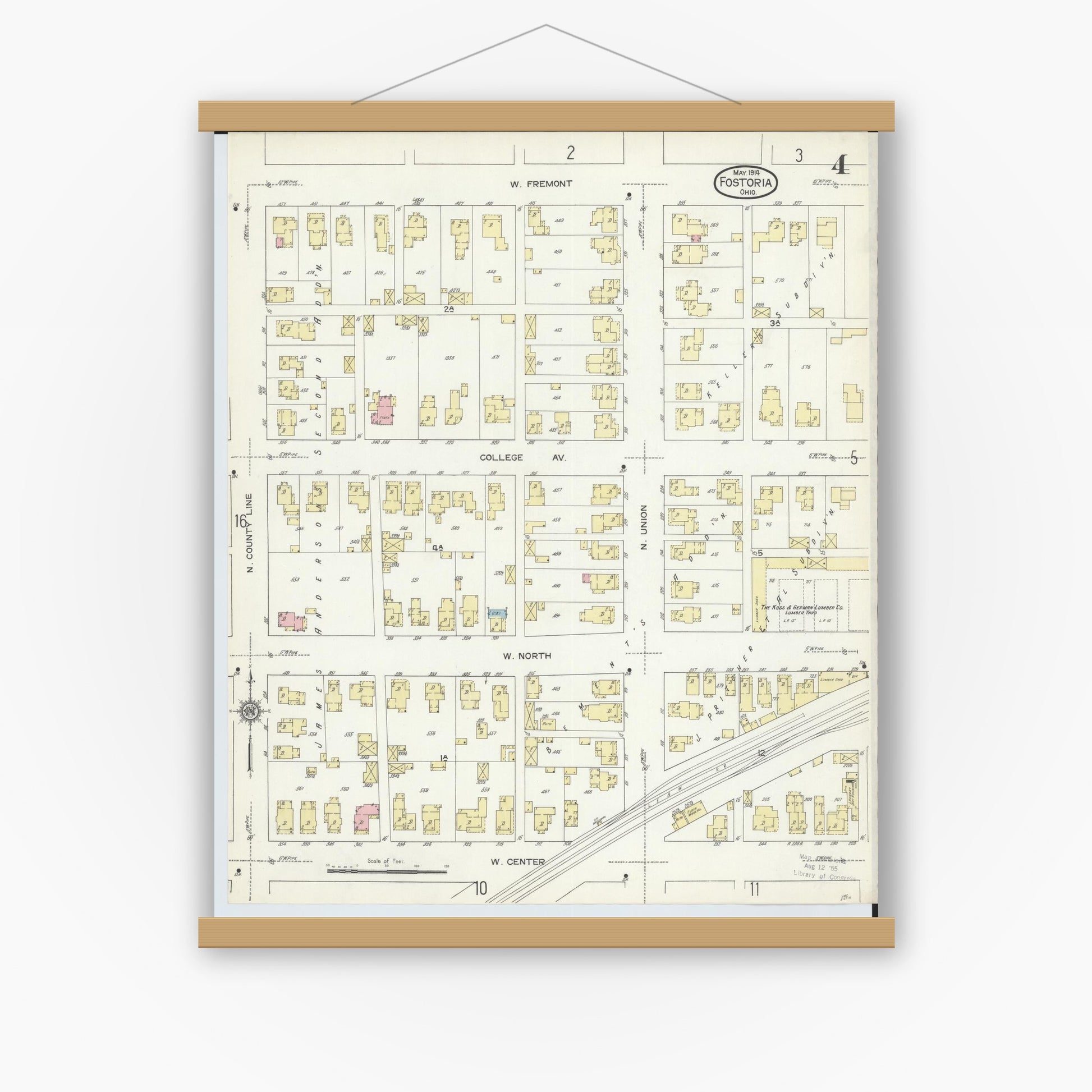 Old map wall art mockup — magnetic wood frame on white wall — Sanborn Fire Insurance Map from Fostoria, Seneca, Hancock, And Wood Counties, Ohio (1914), Sheet #0004