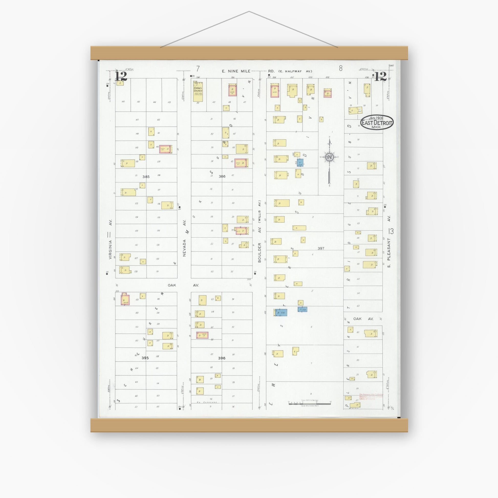 Old map wall art mockup — magnetic wood frame on white wall — Sanborn Fire Insurance Map from East Detroit, Macomb County, Michigan (1931), Sheet #0012