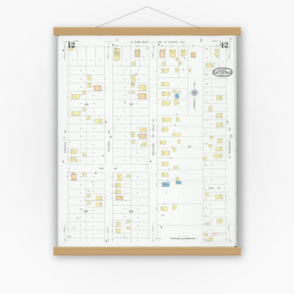 Old map wall art mockup — magnetic wood frame on white wall — Sanborn Fire Insurance Map from East Detroit, Macomb County, Michigan (1931), Sheet #0012
