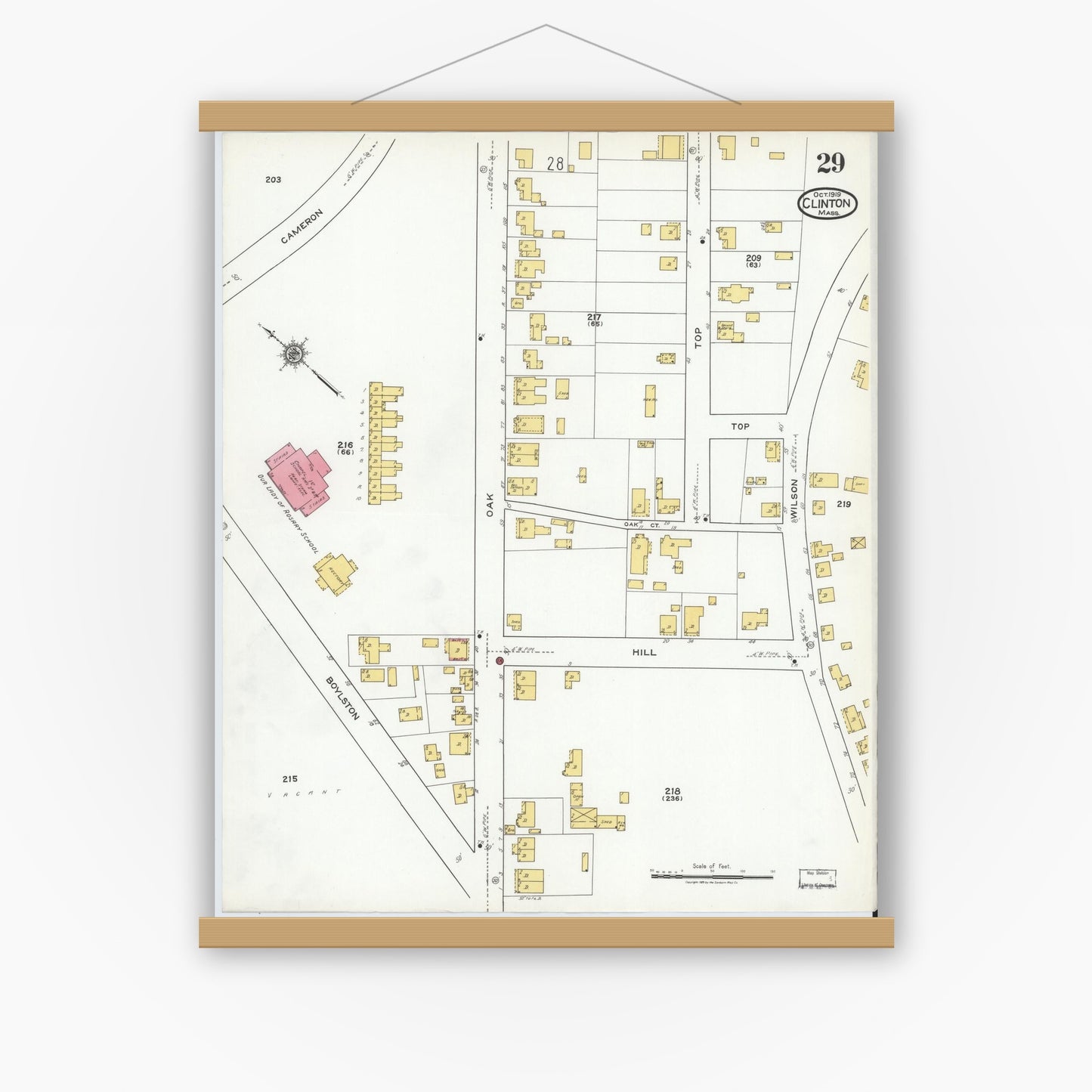 Old map wall art mockup — magnetic wood frame on white wall — Sanborn Fire Insurance Map from Clinton, Worcester County, Massachusetts (1919), Sheet #0029