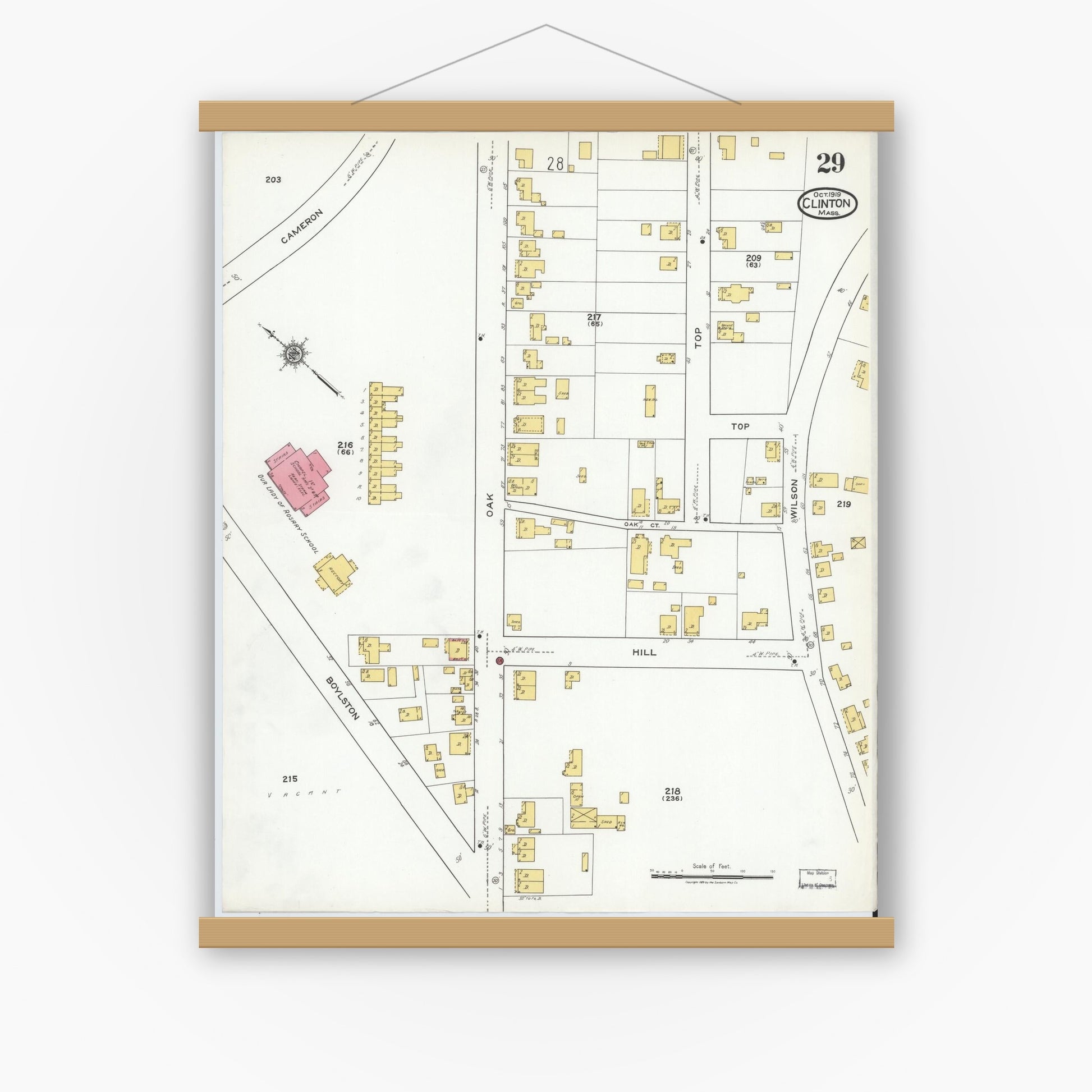 Old map wall art mockup — magnetic wood frame on white wall — Sanborn Fire Insurance Map from Clinton, Worcester County, Massachusetts (1919), Sheet #0029