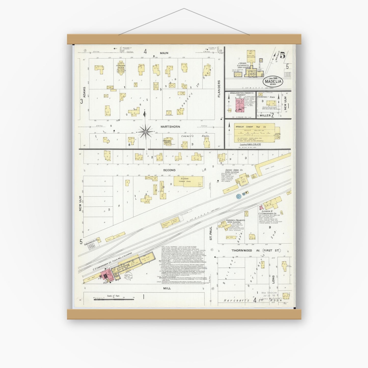 Old map wall art mockup — magnetic wood frame on white wall — Sanborn Fire Insurance Map from Madelia, Watonwan County, Minnesota (1908), Sheet #0005