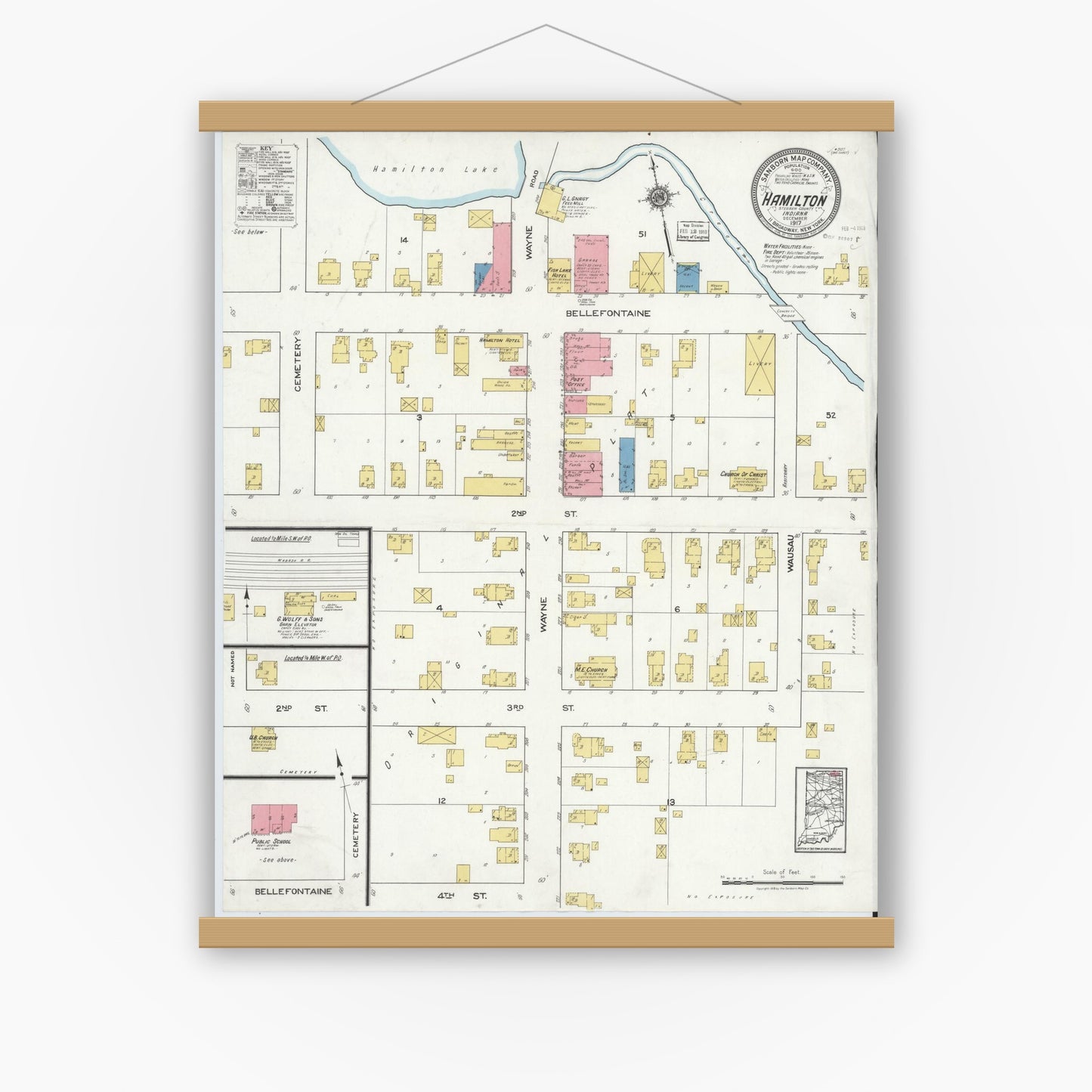 Old map wall art mockup — magnetic wood frame on white wall — Sanborn Fire Insurance Map from Hamilton, Steuben County, Indiana (1917), Sheet #0001