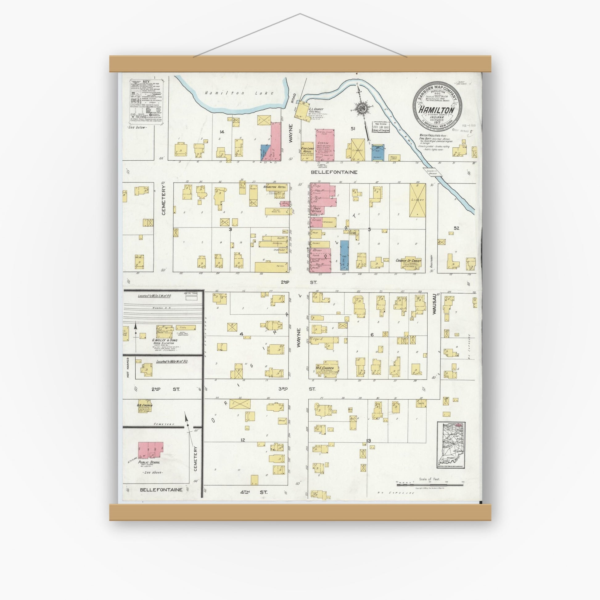 Old map wall art mockup — magnetic wood frame on white wall — Sanborn Fire Insurance Map from Hamilton, Steuben County, Indiana (1917), Sheet #0001