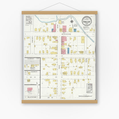 Old map wall art mockup — magnetic wood frame on white wall — Sanborn Fire Insurance Map from Hamilton, Steuben County, Indiana (1917), Sheet #0001