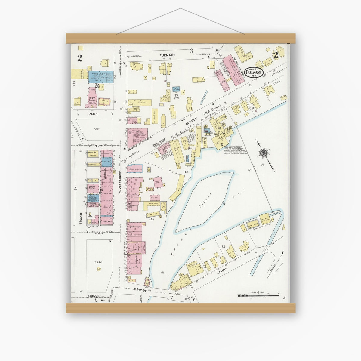 Old map wall art mockup — magnetic wood frame on white wall — Sanborn Fire Insurance Map from Pulaski, Oswego County, New York (1925), Sheet #0002