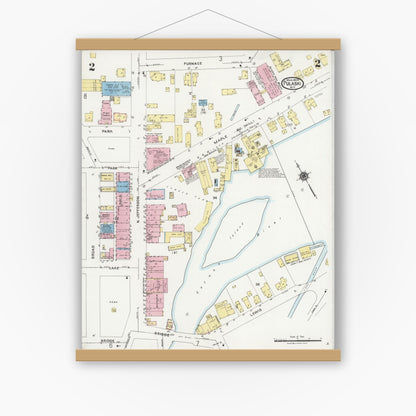 Old map wall art mockup — magnetic wood frame on white wall — Sanborn Fire Insurance Map from Pulaski, Oswego County, New York (1925), Sheet #0002