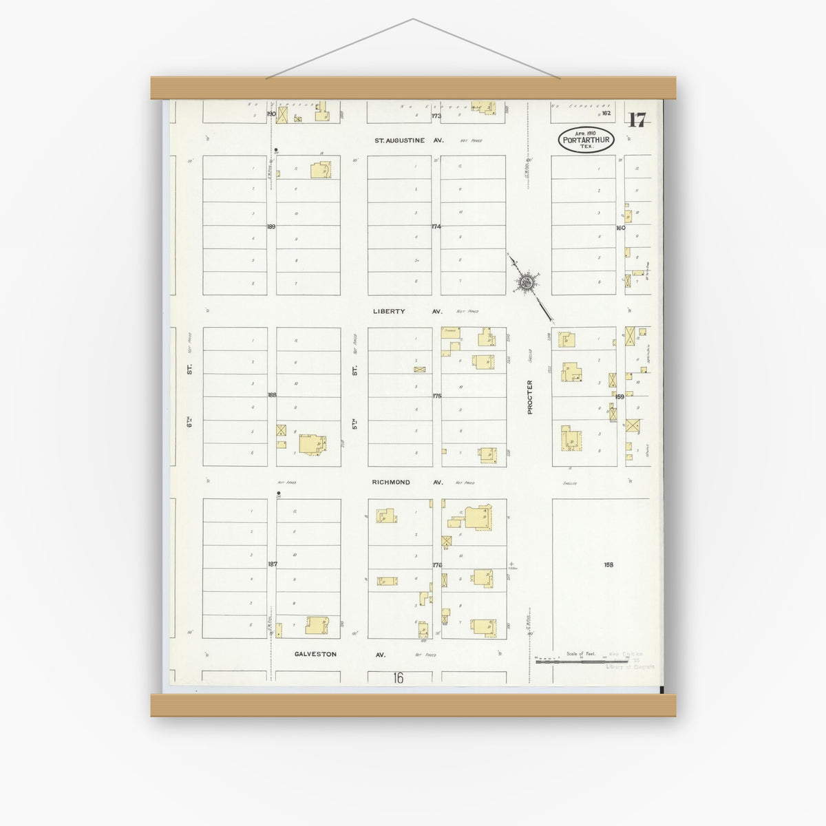 Old map wall art mockup — magnetic wood frame on white wall — Sanborn Fire Insurance Map from Port Arthur, Jefferson County, Texas (1910), Sheet #0017