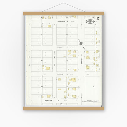 Old map wall art mockup — magnetic wood frame on white wall — Sanborn Fire Insurance Map from Port Arthur, Jefferson County, Texas (1910), Sheet #0017