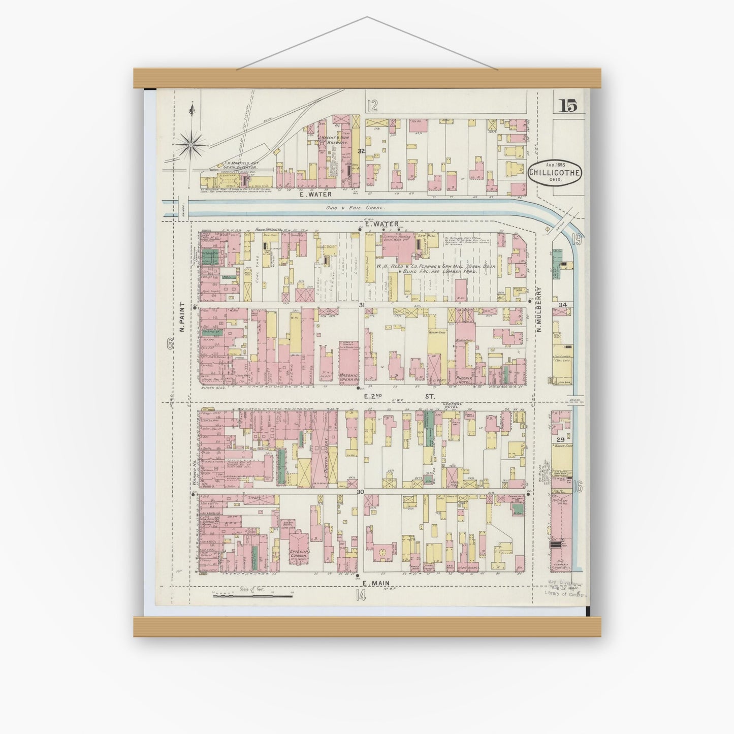 Old map wall art mockup — magnetic wood frame on white wall — Sanborn Fire Insurance Map from Chillicothe, Ross County, Ohio (1895), Sheet #0015