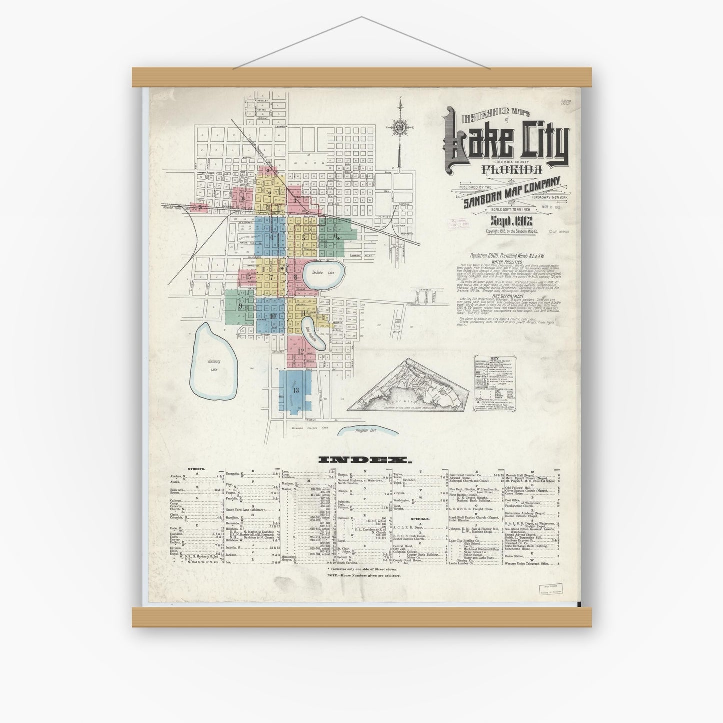 Old map wall art mockup — magnetic wood frame on white wall — Sanborn Fire Insurance Map from Lake City, Columbia County, Florida (1912) - Complete Map Set