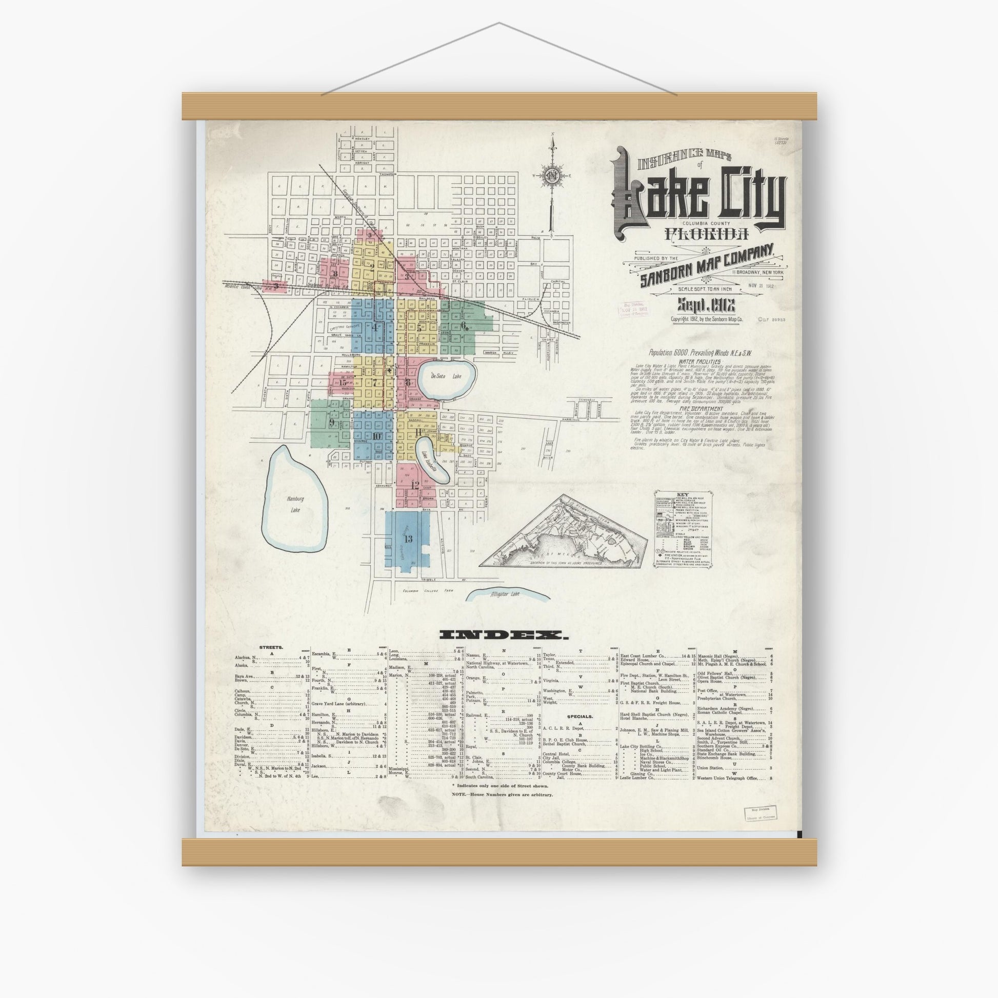 Old map wall art mockup — magnetic wood frame on white wall — Sanborn Fire Insurance Map from Lake City, Columbia County, Florida (1912) - Complete Map Set