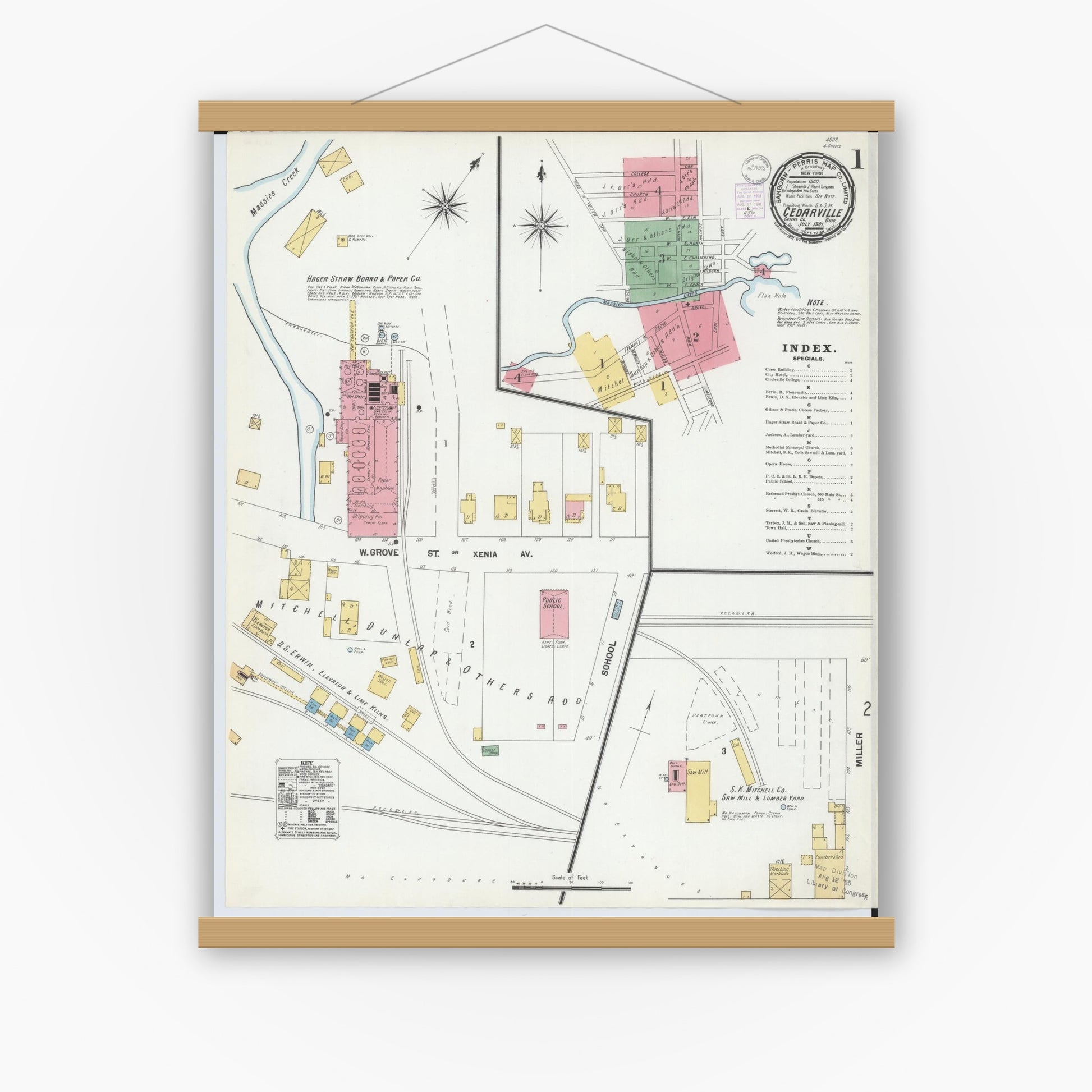 Old map wall art mockup — magnetic wood frame on white wall — Sanborn Fire Insurance Map from Cedarville, Greene County, Ohio (1901), Sheet #0001
