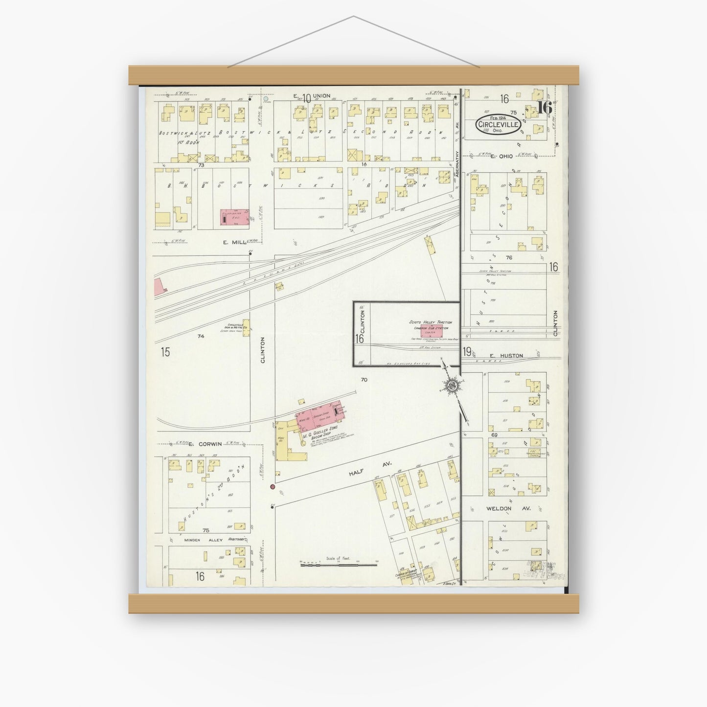 Old map wall art mockup — magnetic wood frame on white wall — Sanborn Fire Insurance Map from Circleville, Pickaway County, Ohio (1914), Sheet #0016