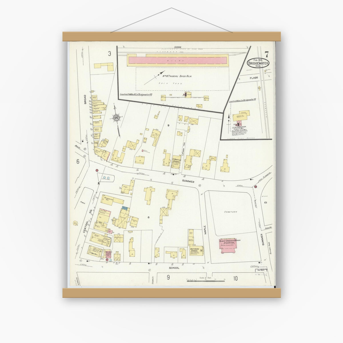 Old map wall art mockup — magnetic wood frame on white wall — Sanborn Fire Insurance Map from Bridgewater, Plymouth County, Massachusetts (1912), Sheet #0007