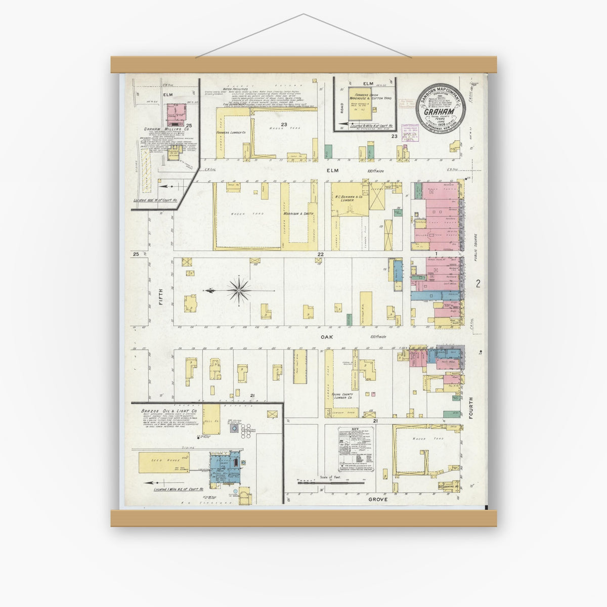 Old map wall art mockup — magnetic wood frame on white wall — Sanborn Fire Insurance Map from Graham, Young County, Texas (1908) - Complete Map Set