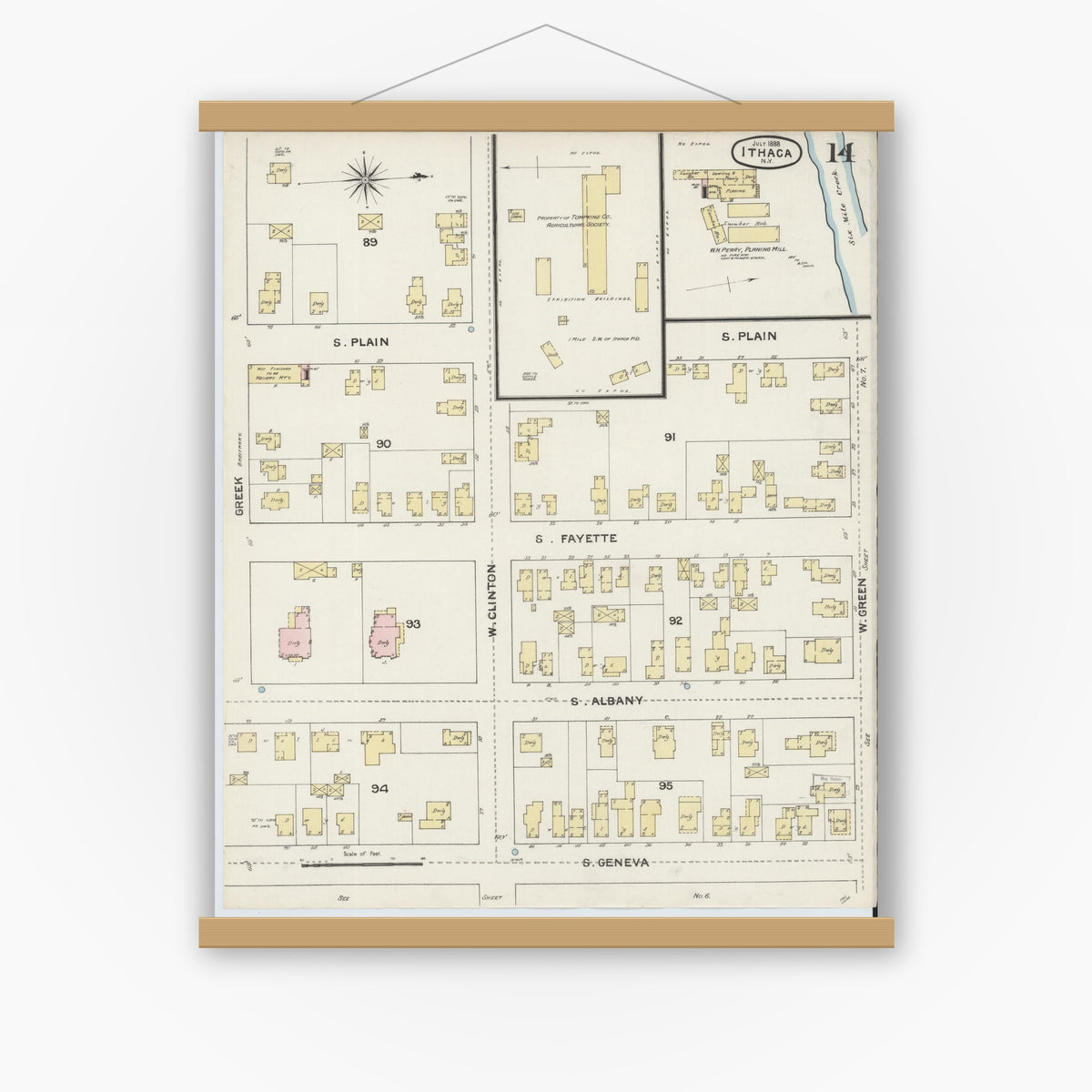 Old map wall art mockup — magnetic wood frame on white wall — Sanborn Fire Insurance Map from Ithaca, Tompkins County, New York (1888), Sheet #0014