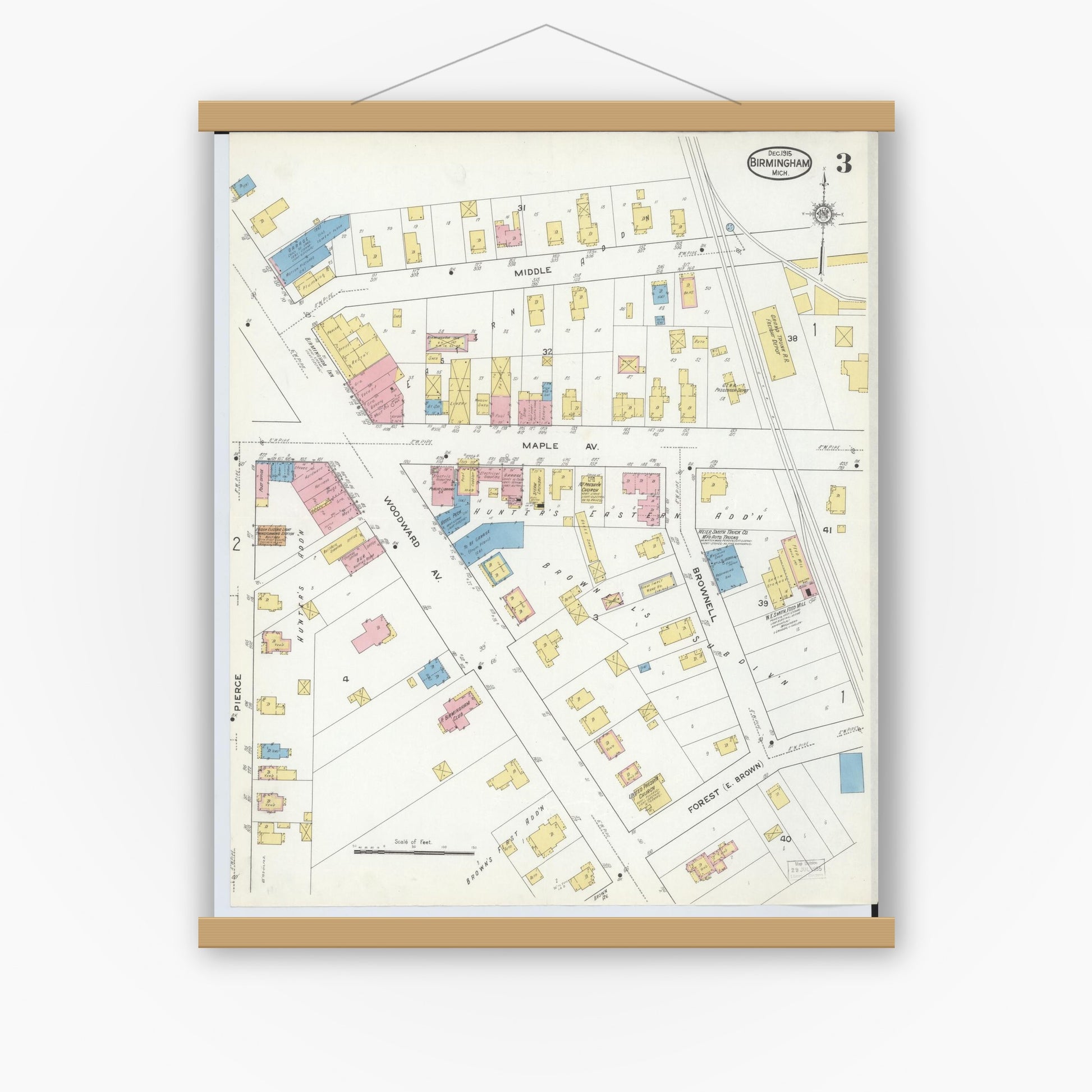 Old map wall art mockup — magnetic wood frame on white wall — Sanborn Fire Insurance Map from Birmingham, Oakland County, Michigan (1915), Sheet #0003
