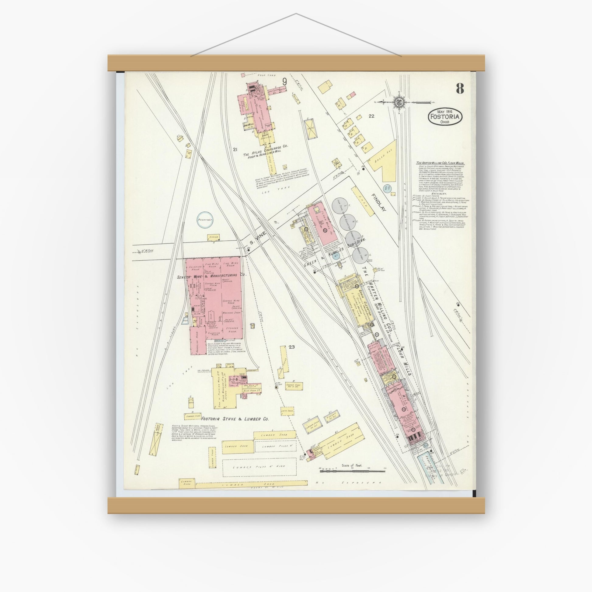 Old map wall art mockup — magnetic wood frame on white wall — Sanborn Fire Insurance Map from Fostoria, Seneca, Hancock, And Wood Counties, Ohio (1914), Sheet #0008